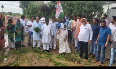नगर निगम प्रशासन के खिलाफ विरोध प्रदर्शन कर  कांग्रेसियों ने टूटे-फूटे सड़क के बीच कीचड़ में रोपा धान