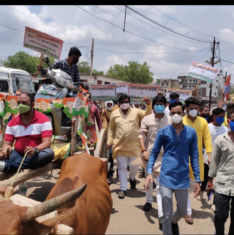 पेट्रोल, डीजल एवं गैस सिलेंडर के दामों में लगातार हो रही वृद्धि को लेकर युवा कांग्रेस पिछोर के पदाधिकारियों एवं कार्यकर्ताओं ने बैलगाड़ी रैली निकालकर विरोध प्रदर्शन किया