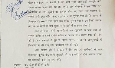 पिछोर तहसील के ग्राम खटेला में 92 ग़रीब आदिवासियों को सरपंच, सचिव की मिली भगत से आवास योजना सूची से नाम बाहर।धनी अपात्र लोगों का सूची में नाम, पात्र लोगों को सूची से बाहर।: ग्राम आदिवासियों का आरोप
